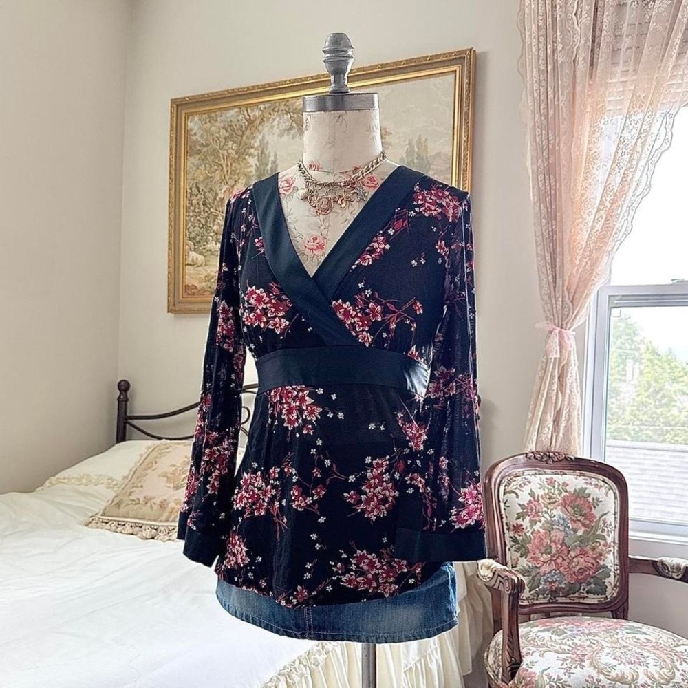 Floral Wrap-Style Long Sleeve Top - Black with Pink Blossoms